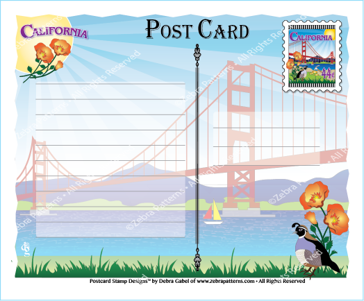 California Postcard – Bear & Poppies – Alenarieca Design Studio